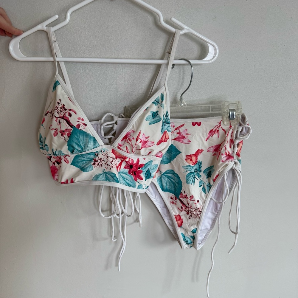 Nanamac’s boutique Beach Joy palm teal pink bikini set with high rise bottoms